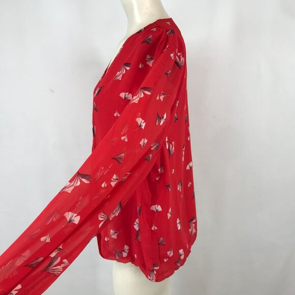 BANANA REPUBLIC- WOMEN'DS XL - RED FLORAL LONG SLEEVE CRISS CROSS WRAP TOP - Picture 4 of 7